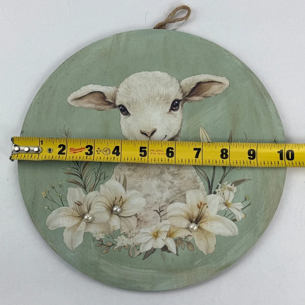 Round Wood Lamb Wall Plaque Sage Green Floral Lily Faux Pearl Decor 9.75 Inch